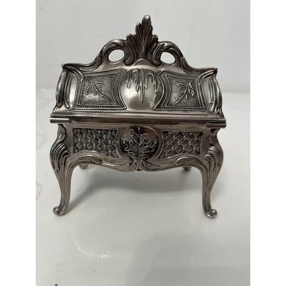 Vtg Jewelry Trinket Box Victorian Heavy Ornate Silver Tone Velvet Lined Hinged - Picture 4 of 5